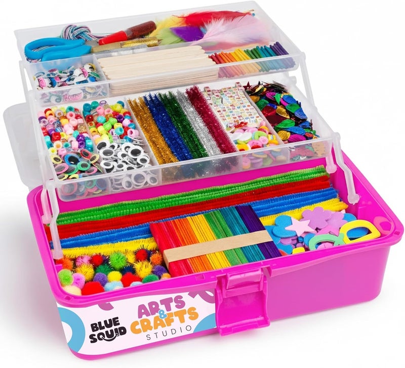 Blue Squid Arts & Crafts Box (Pink)- 2800+ pcs Deluxe Craft Supplies Box, 2 Drawers, 18 Compartments, Sturdy Handle - Art Crafting Kit Birthday Gifts for Kids, School Supply for Ages 4-12 - Image 1